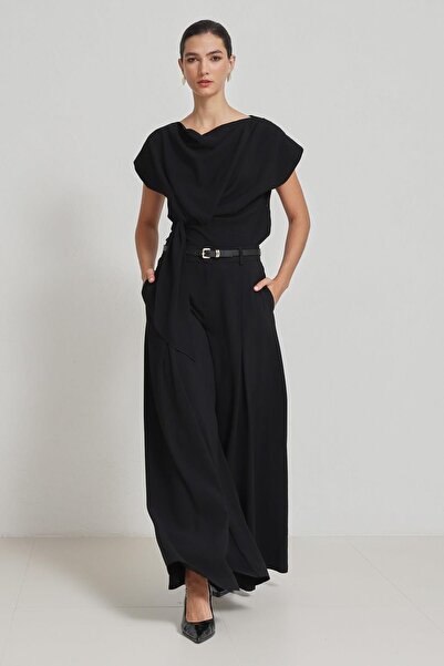 Setre Чорна блуза з коротким рукавом і деталями на талії