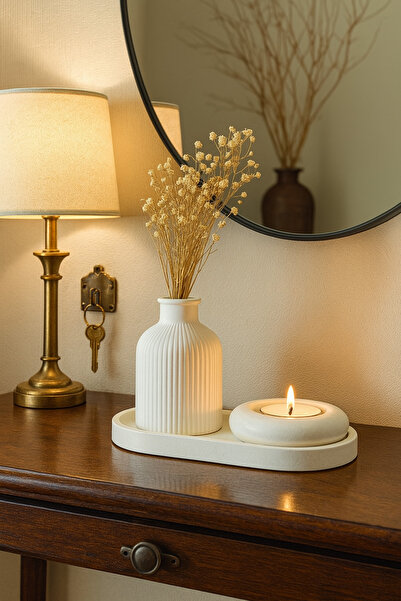 Seramik Vazo, Tealight Mumluk ve Dekoratif Tepsi Seti - Beyaz Minimal Tasarım