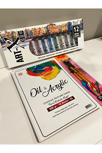 Proton A5 boyut yağlıboya ve akrilik boya defteri 12ml akrilik boya 3 lü fırç...