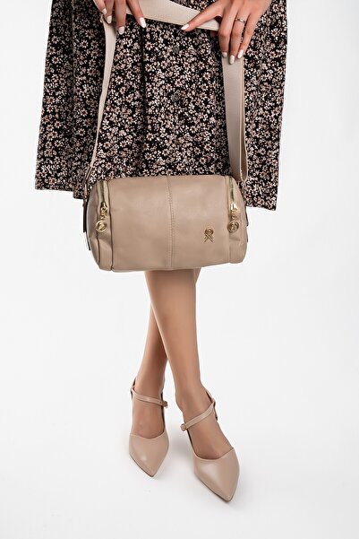 Cochines Women's Beige Mink Leather Cylinder Lined Petal Adjustable Column Strap Cross Shoulder Bag