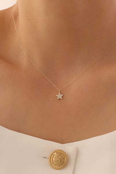 GENORO JEWEL 14 Ayar Altın Minimal Zarif Zirkon Taşlı Yıldız Kolye