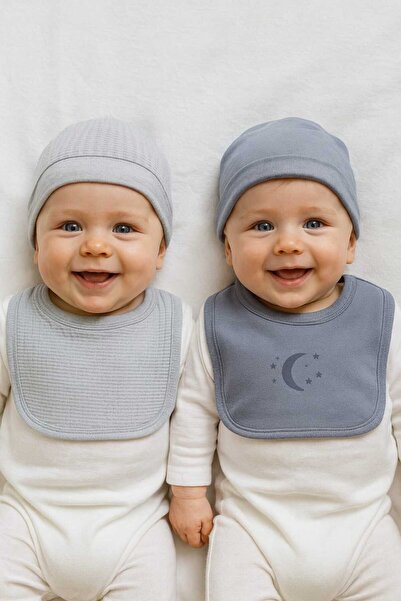 GizaKids %100 Pamuk Bebek Penye Şapka Önlük 4 Parça Set | Kız Erkek Unisex