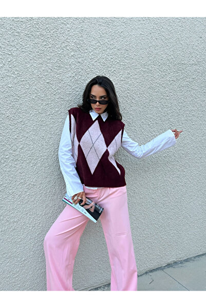 minaaise Women's Knitwear Burgundy Baklava Pattern Soft Textured Sweater 5244