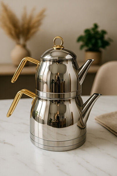 DOWRY STİL طقم إبريق شاي دايموند إيل بوي جولد 4 قطع 18/10 1.00 لتر 2.00 لتر