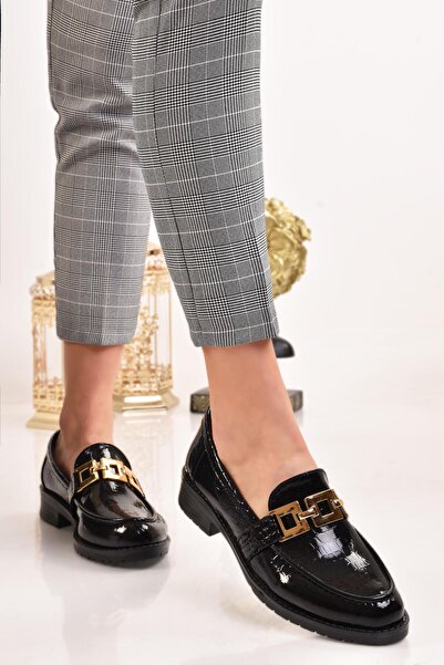 MODAONN Kadın Laofer Siyah Zincir Detaylı Günlük Babet Ayakkabı