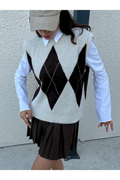 minaaise Women's Knitwear Ecru Baklava Pattern Soft Textured Sweater 5244