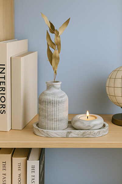 Nevhan Sanat Seramik Vazo, Tealight Mumluk ve Dekoratif Tepsi Seti - Beyaz Mi...