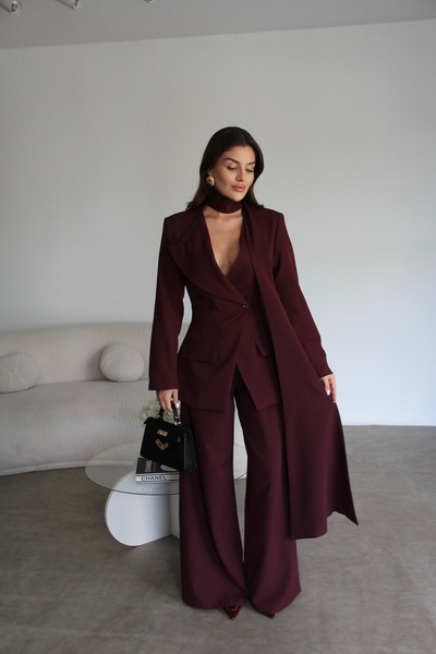 Julidress Szilvás kendővel ellátott duplasoros kabát és Palazzo Pants prémium dizájn szett