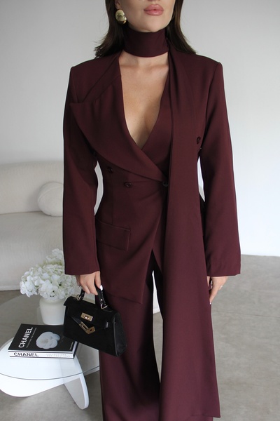 Julidress Plum Shawl Double-Breasted Jacket and Palazzo Pants Premium Design Set