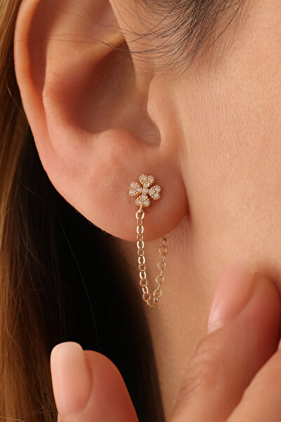 GENORO JEWEL 14 Ayar Altın Zirkon Taşlı Dört Yapraklı Yonca Zincir Sallantılı...