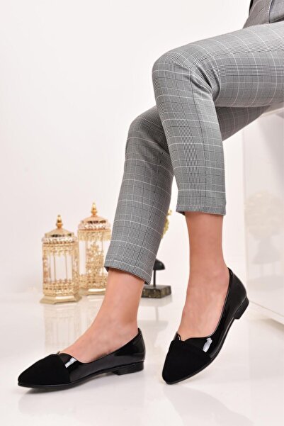 MODAONN Balerini pentru femei din piele neagră și catifea