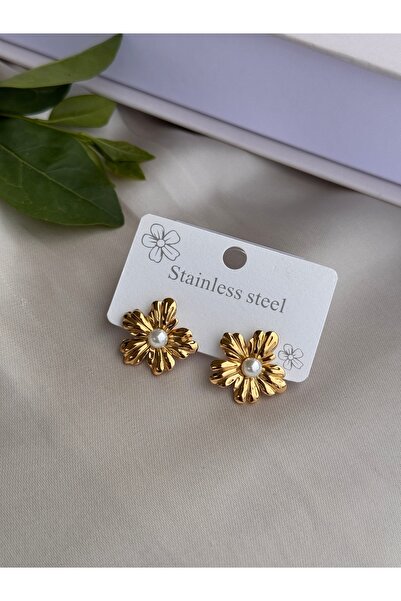 HERCY 316 L Paslanmaz Çelik Çiçek Küpe | İncili Küçük Boy Çiçek Küpe | Çelik Gold Küpe