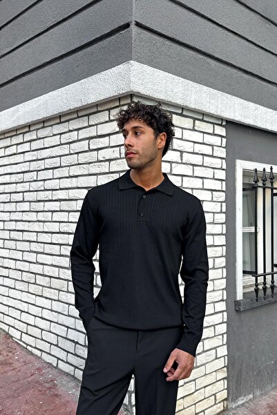 Flaw Wear Pulover tricotat subțire cu guler polo negru