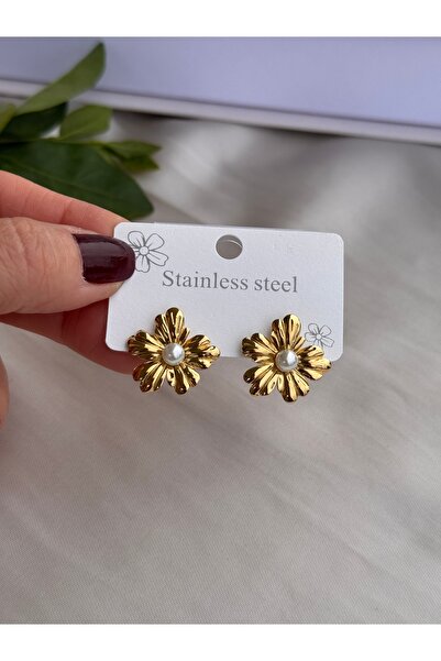 HERCY 316 L Paslanmaz Çelik Çiçek Küpe | İncili Küçük Boy Çiçek Küpe | Çelik Gold Küpe