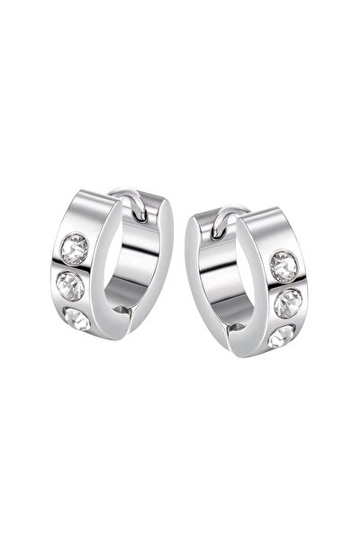 Siya Silver Kararmaz Çelik Sıralı Zirkon Taşlı Minimal Halka Küpe-14 mm