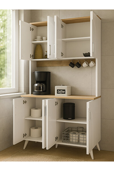 dorpek Kalira 4 Kapaklı Mutfak Dolabı Çok amaçlı Dolap Kahve Kösesi Beyaz - Sepet
