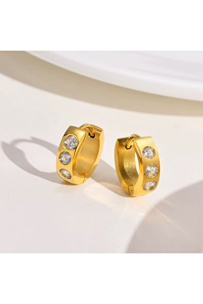 Siya Silver Kararmaz Çelik Sıralı Zirkon Taşlı Minimal Halka Küpe-14 mm