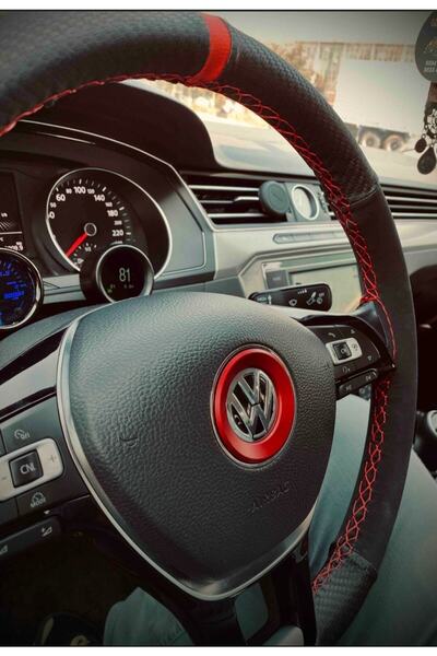 gürler oto kılıf ve aksesuar Universal Oto Kırmızı Yüzüklü Alcantara Karbon Oto Dikmeli Direksiyon Kılıfı Nubuk Karbon