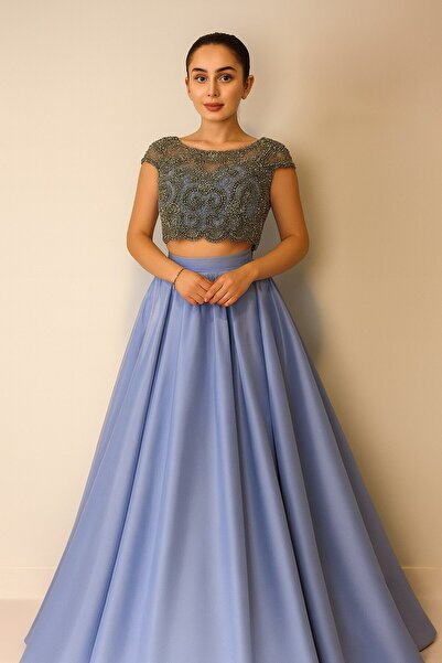 KIBRA DESİGN El İşçiliği Taş İşlemeli Üst & Gökyüzü Mavisi Saten Etek – Özel Gün ve Davet Abiye Kombin