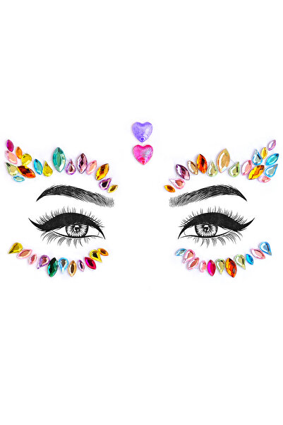 BearPear Nova Rengarenk İstiridye Kesim Kalp Detaylı Yüz Taşı Face Sticker