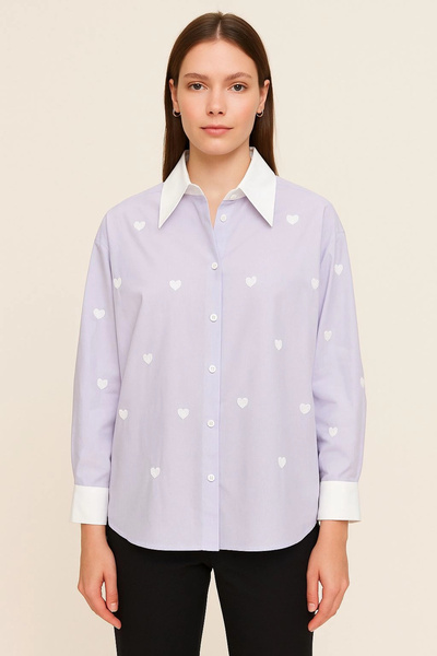 Selence White Heart Embroidered Cotton Shirt Lilac
