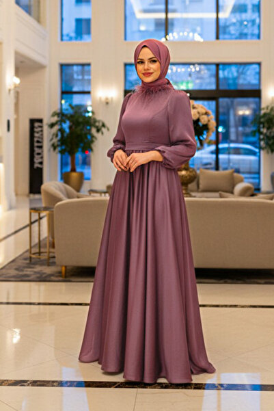 Neva Style Dark Rose Dried Hijab Evening Dress with Feather Detail on the Collar 21330Kgk