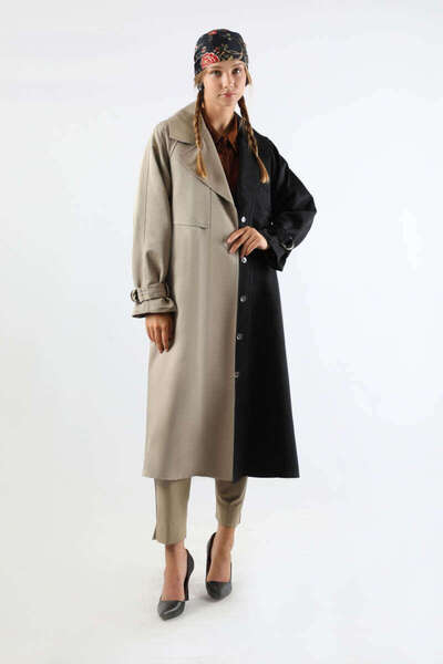 ZÜLAYS Çift Renk Apolet Detaylı Trençkot Siyah