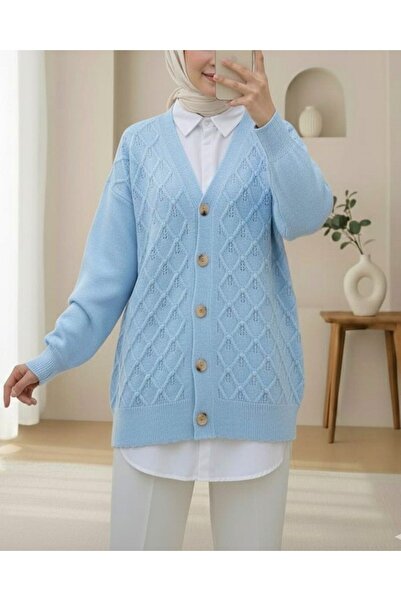 Modamorfo V-Neck Large Button Patterned Knitwear Cardigan - Baby Blue