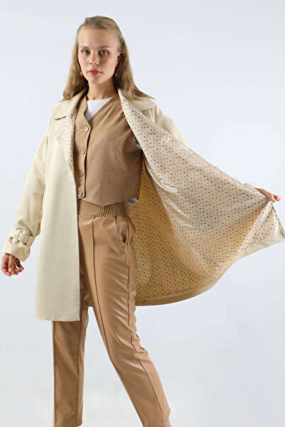 ZÜLAYS Yakası Desenli Midi Trençkot Ekru