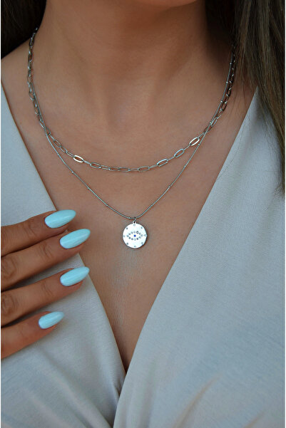 Sacce Scarves&Accessories İki Sıralı Çelik Kolye İkili Göz Figürlü Madalyon v...