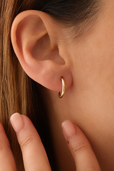 GENORO JEWEL 14 Ayar Altın Gizli Kilit Düz Minik Halka Küpe