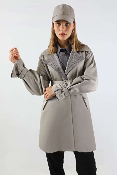 ZÜLAYS Yakası Desenli Midi Trençkot Gri