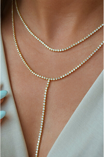 Sacce Scarves&Accessories İki Sıralı Su Yolu Taşlı Uzun Zincir Kolye İnce Taş...