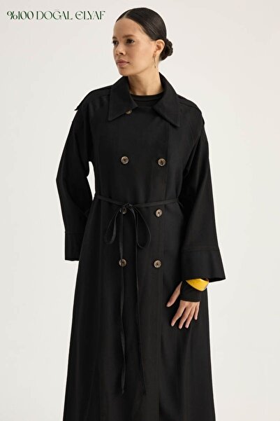 ZÜLAYS Apoletli Kruvaze Trençkot Siyah