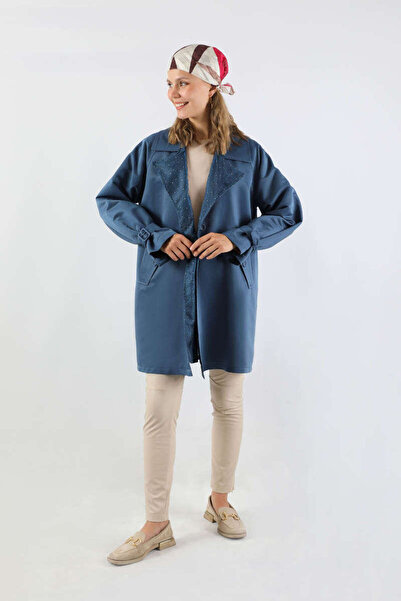 ZÜLAYS Yakası Desenli Midi Trençkot İndigo