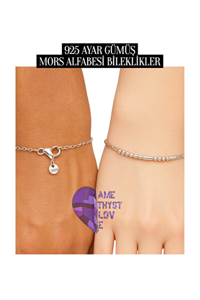 Amethyst Love 925 Gümüş Mors Alfabesi Bileklik mors alfabe hediye Çift Bileklikleri