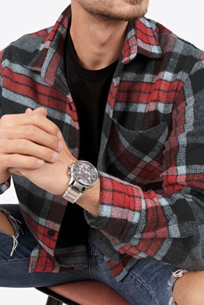 Etikmen Ανδρικό πουκάμισο Mountain Grey Red Stripes Oversize Lumberjack