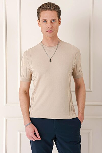 Efor Slim Fit Bisiklet Yaka Kısa Kol Bej Triko Tr 869