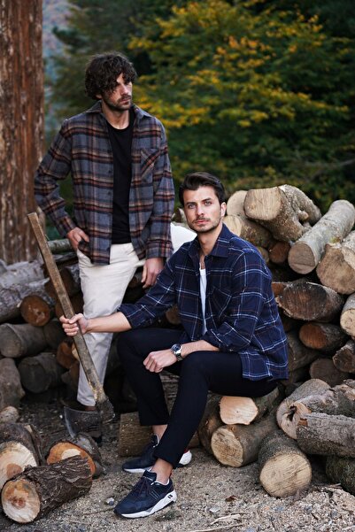 Etikmen Μπλε μπλέ ριγέ Πουκάμισο χοντρό ξυλοκόπο με κουτί δώρου