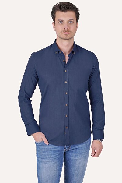 Etikmen Indigó gallér gombos lenvászon Slimfit férfi ing díszdobozban