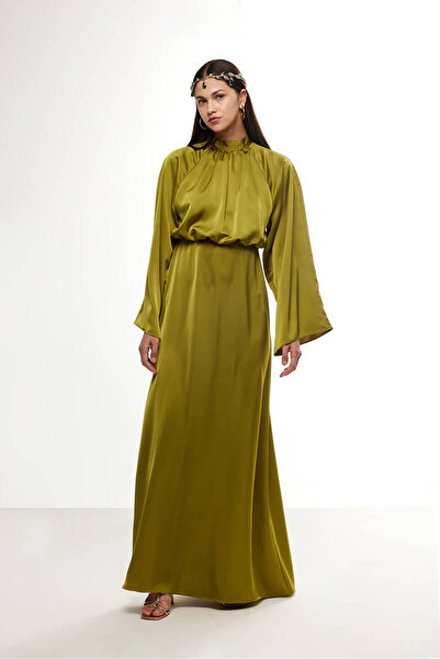 BE BLUE OLIVE GREEN WIDE SLEEVE SATIN DRESS