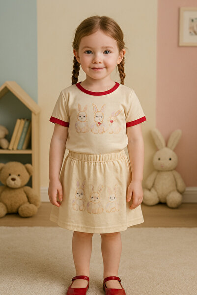 Markasız ucuz Girl's T-Shirt & Skirt (Rabbit Printed)