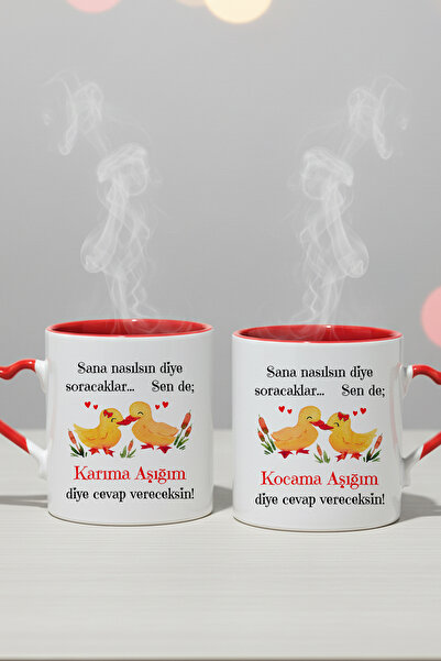 qoeuyl boutique I'M in Love Printed Couple Mug, Lover, Husband and Wife Gift, Romantic Fun Heart-Shaped Double Mug with Handles