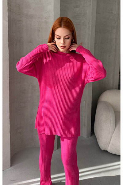 EYYE Fukszia pamut bordázott női blúz nadrág kétrészes szett