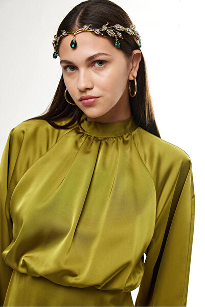 BE BLUE OLIVE GREEN WIDE SLEEVE SATIN DRESS