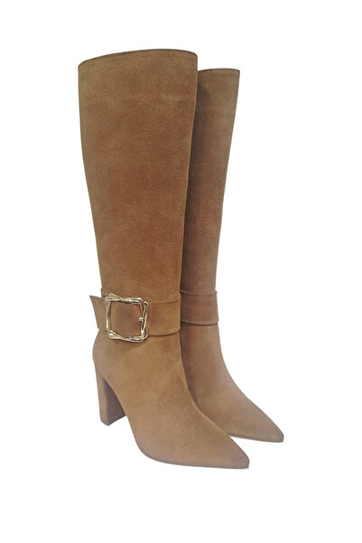 DRY SHOES Hakiki Deri Taba Süet Kadın Çizme Ayakkabı Topuklu Fermuarlı Tokalı...