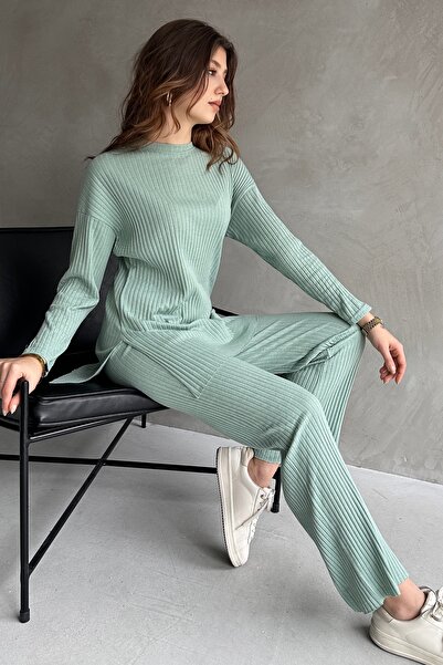 EYYE Διπλό Σετ Γυναικεία Μπλούζα και Παντελόνι από Πράσινο Βαμβακερό Σχέδιο
