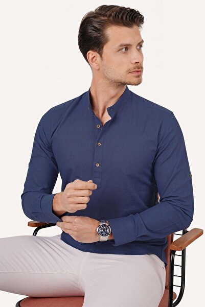 Etikmen Slimfit plátěná košile s indigovým límečkem na tři knoflíky