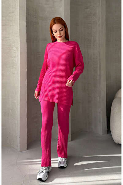 EYYE Fukszia pamut bordázott női blúz nadrág kétrészes szett