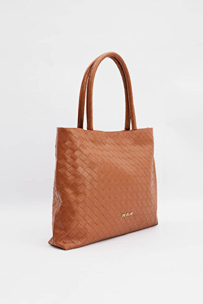 BE BLUE Tan Colored Knitted Detailed Tote Bag